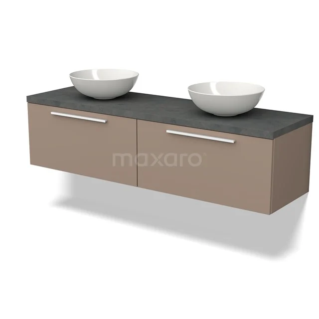 Zweites Badezimmermöbel Holzoptik mit schwarzer Platte und doppelten Aufsatzwaschbecken, modernes Design, ideal für stilvolle Bäder.