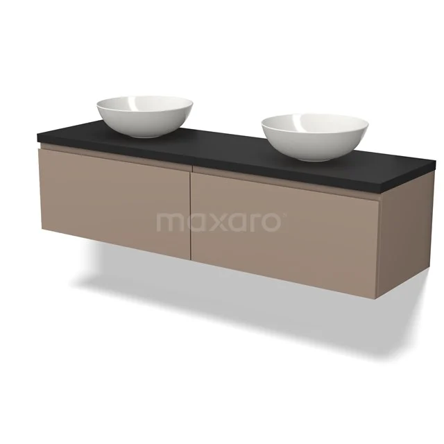 Beige Badmöbel mit Schwarz Platte und zwei weißen Waschbecken, hängendes Design, ideal für ein modernes Badezimmer.