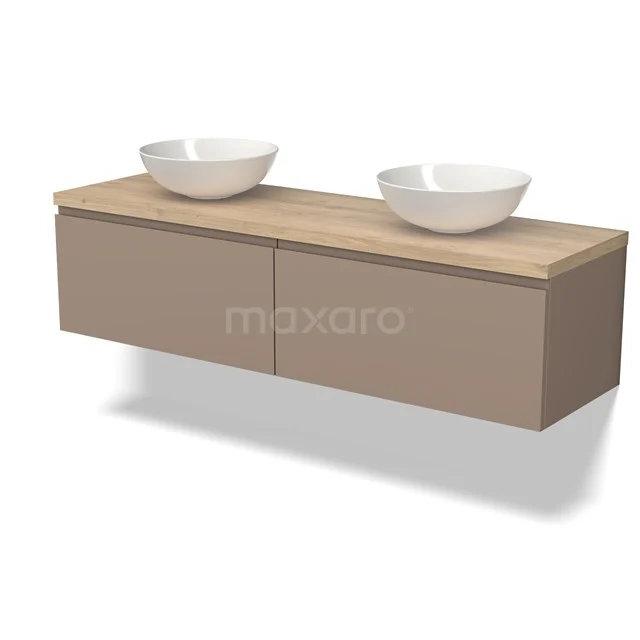 Modulo Plato Badkamermeubel voor waskom | 160 cm Taupe Greeploos front Lichtbruin eiken blad 2 lades naast elkaar BMK12-01466