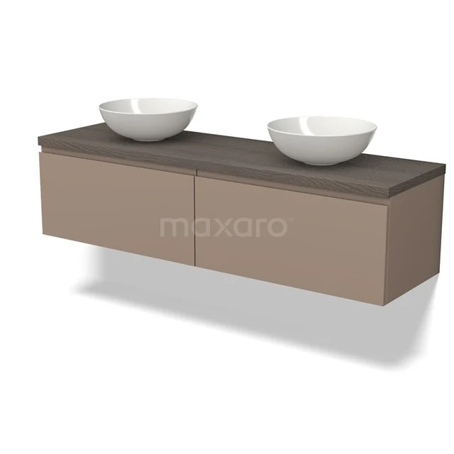 Modulo Plato Badkamermeubel voor waskom | 160 cm Taupe Greeploos front Donkerbruin eiken blad 2 lades naast elkaar BMK12-01468