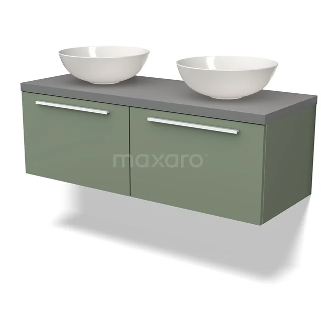 Grüne Badmöbel mit zwei weißen Waschbecken, hängendes Design und grauer Platte, ideal für moderne Bäder.