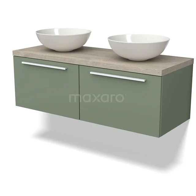 Modulo Plato Vanity units for countertop basin | 120 cm Sage green Flat front Light grey oak worktop 2 Side-by-side drawers BMK12-01481
