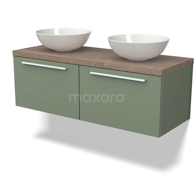 Waschtischunterschrank mit Konsole BMK12-01483 Grünes Badezimmermöbel mit Holzplatte, zwei weißen runden Aufsatzwaschbecken und metallischen Haltegriffen. Modernes Design für stilvolle Bäder.