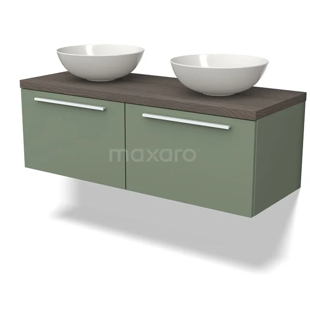 Green wooden bathroom unit with double white vanity units with basin, modern design and soft-close drawers.