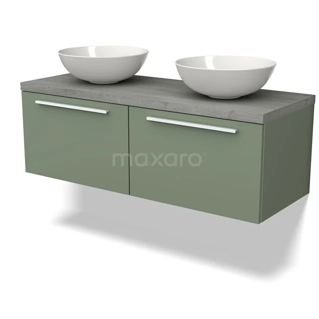 Modulo Plato Vanity units for countertop basin | 120 cm Sage green Flat front Grey oak worktop 2 Side-by-side drawers BMK12-01485