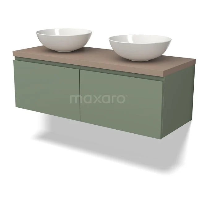 Modulo Plato Badkamermeubel voor waskom | 120 cm Saliegroen Greeploos front Taupe blad 2 lades naast elkaar BMK12-01489