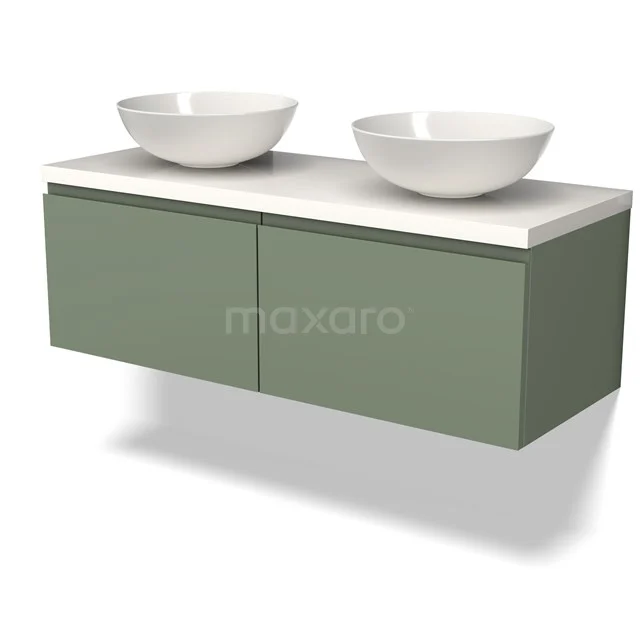 Modulo Plato Vanity units for countertop basin | 120 cm Sage green Handle-less front High-gloss white worktop 2 Side-by-side drawers BMK12-01491