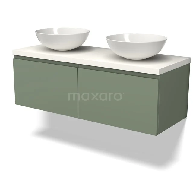 Grünes schwebendes Badmöbel mit zwei weißen keramischen Aufsatzwaschbecken, modernes Design und klare Linien, ideal für stilvolle Bäder.