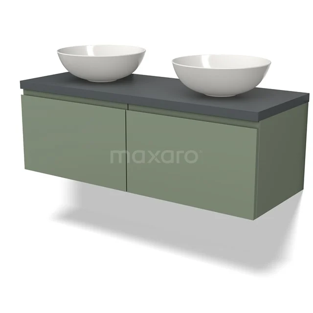 Grüne Badmöbelset mit 2 runden Aufsatzwaschbecken, matt schwarzer Arbeitsplatte und Wandmontage, schlankem und modernem Design.