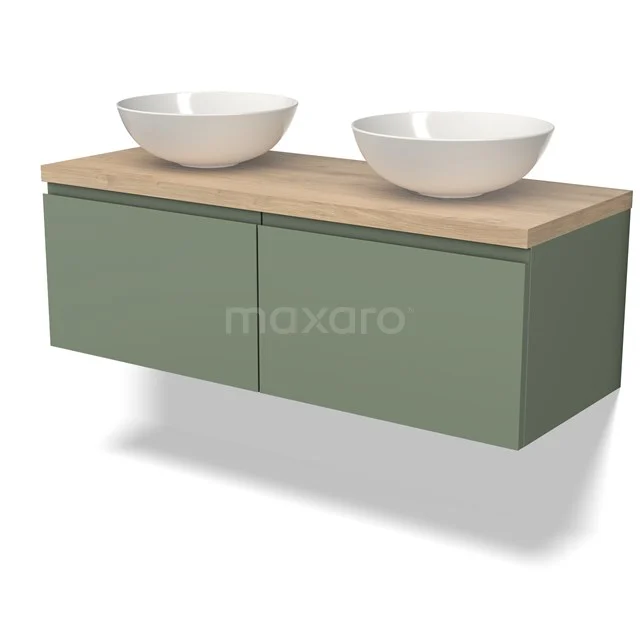 Waschtischunterschrank mit Konsole BMK12-01499 Grünes schwebendes Badezimmermöbel mit Holzplatte und zwei weißen Aufsatzwaschbecken, modernes Design.