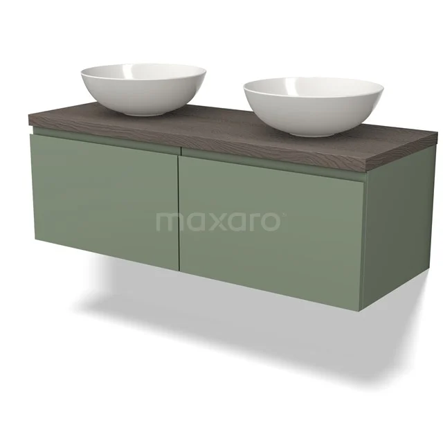 Green bathroom furniture set with wooden worktop and two round basins in white, modern design for stylish bathroom design.