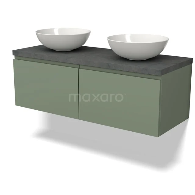 Green floating bathroom furniture set with two white countertop wash basins and a grey wooden worktop, modern design.