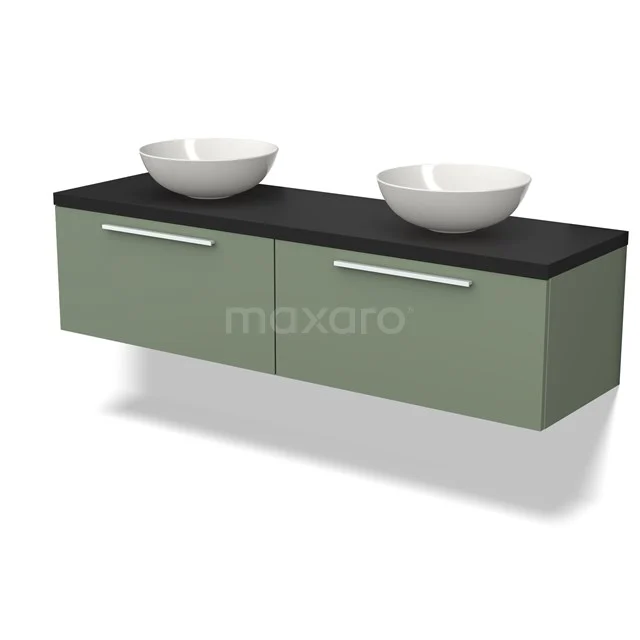 Grünes schwebendes Badezimmermöbel mit zwei Waschbecken, schwarzer Arbeitsplatte und schlichten Haltegriffen. Modernes und stilvolles Design.