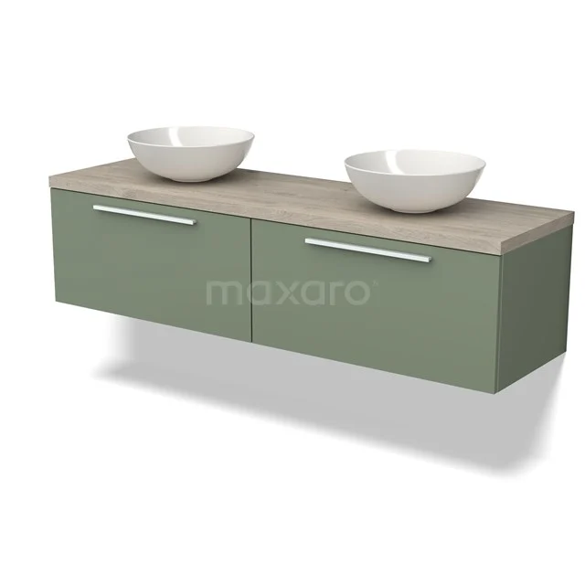 Modulo Plato Vanity units for countertop basin | 160 cm Sage green Flat front Light grey oak worktop 2 Side-by-side drawers BMK12-01513