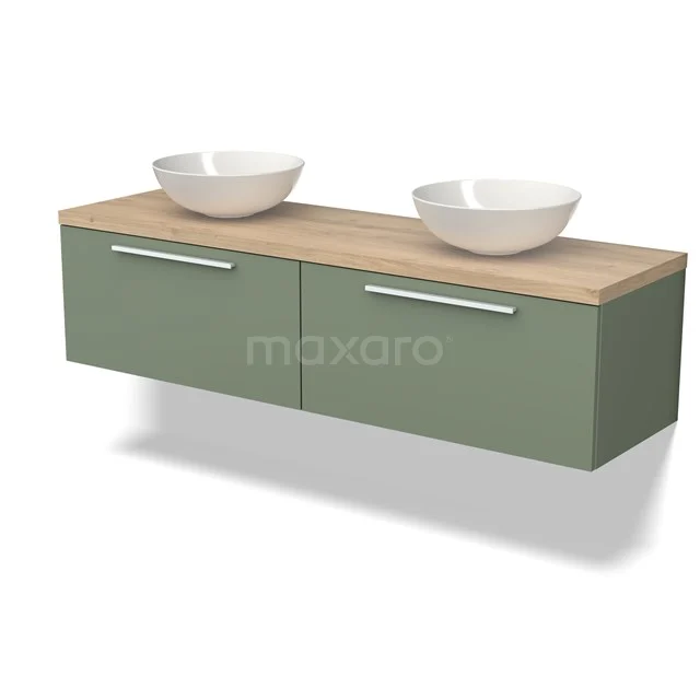 Grüner wandhängender Badschrank mit zwei Schubladen, Holzplatte und doppelten weißen Aufsatzwaschbecken, modernes Design.
