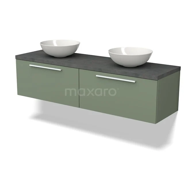 Grüne hängende Badmöbelset mit grauer Platte und doppelten Aufsatzwaschbecken, modernes Design ideal für moderne Bäder.