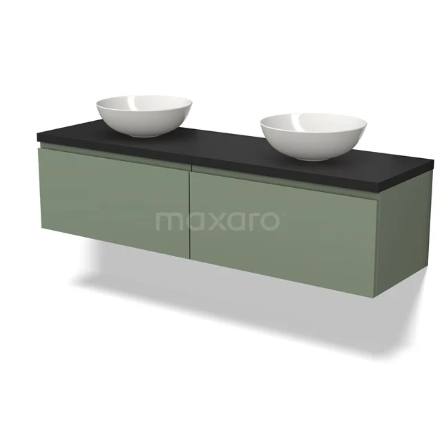 Modulo Plato Vanity units for countertop basin | 160 cm Sage green Handle-less front Matte black worktop 2 Side-by-side drawers BMK12-01519