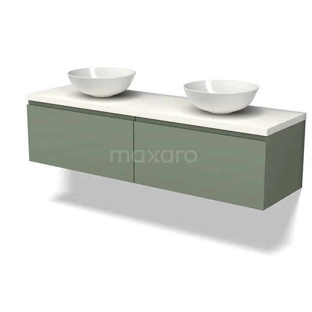 Grünes schwebendes Badezimmermöbel mit weißer Platte, zwei keramischen Aufsatzwaschbecken, schlichtes Design für moderne Badezimmer Einrichtung.