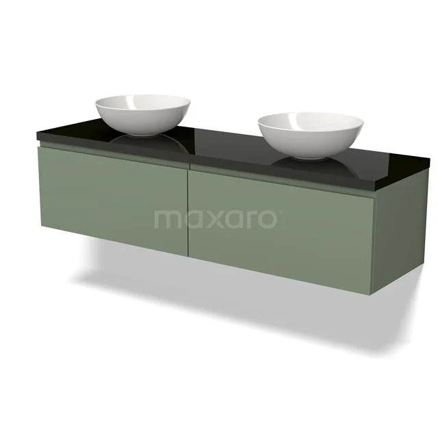 Modulo Plato Vanity units for countertop basin | 160 cm Sage green Handle-less front High-gloss black worktop 2 Side-by-side drawers BMK12-01523