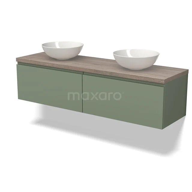 Modulo Plato Vanity units for countertop basin | 160 cm Sage green Handle-less front Oak worktop 2 Side-by-side drawers BMK12-01526