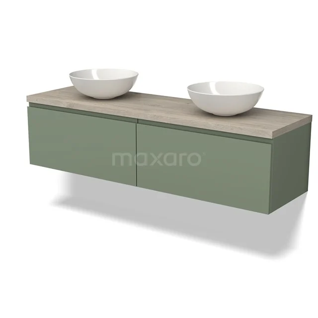 Modulo Plato Vanity units for countertop basin | 160 cm Sage green Handle-less front Light grey oak worktop 2 Side-by-side drawers BMK12-01527