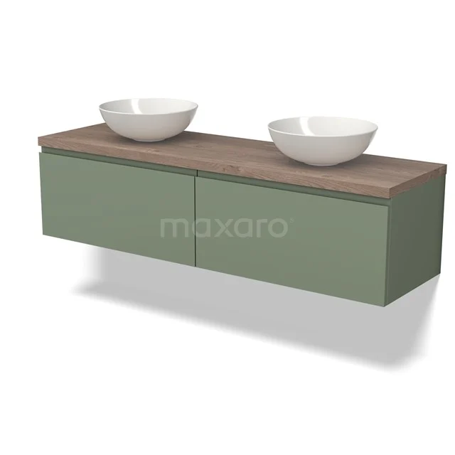 Modulo Plato Vanity units for countertop basin | 160 cm Sage green Handle-less front Mid brown oak worktop 2 Side-by-side drawers BMK12-01529