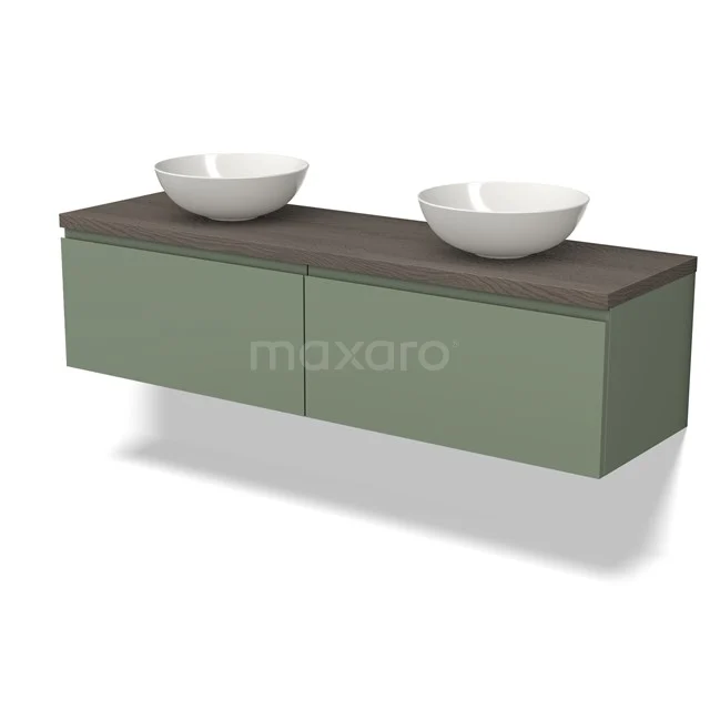 Modulo Plato Vanity units for countertop basin | 160 cm Sage green Handle-less front Dark brown oak worktop 2 Side-by-side drawers BMK12-01530