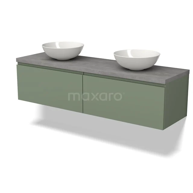 Modulo Plato Vanity units for countertop basin | 160 cm Sage green Handle-less front Light grey concrete worktop 2 Side-by-side drawers BMK12-01531