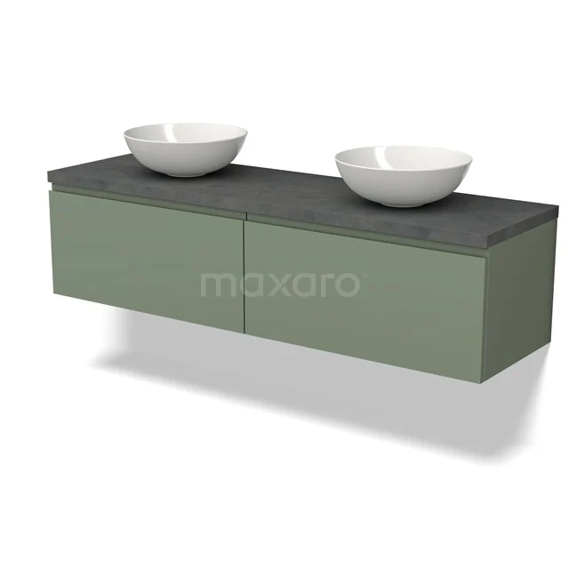 Modulo Plato Vanity units for countertop basin | 160 cm Sage green Handle-less front Dark grey concrete worktop 2 Side-by-side drawers BMK12-01532