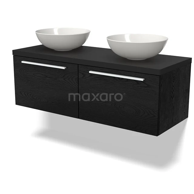 Schwarze Badmöbelset mit zwei keramischen Waschbecken, schlanken Schubladen und modernem Design für stilvolle Badezimmergestaltung.