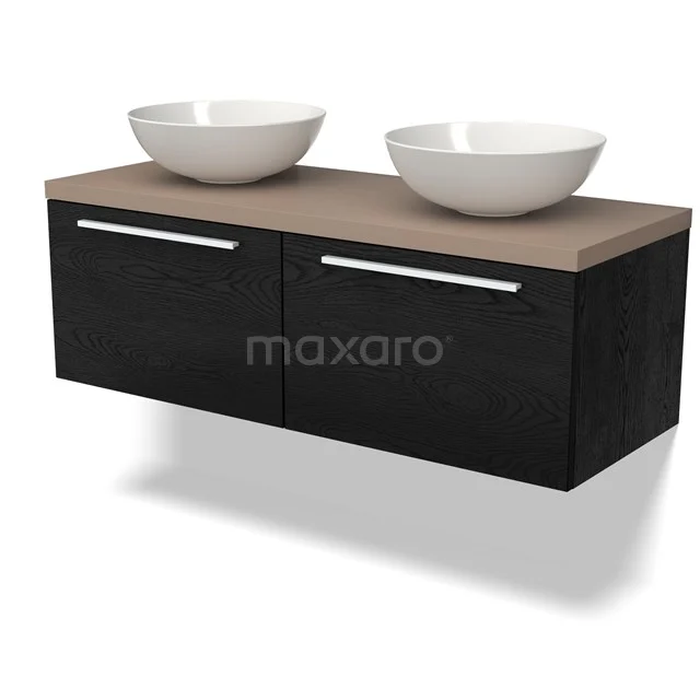 Schwarzes hängendes Badezimmermöbelset mit Holzlook Platte, zwei weißen Aufsatzwaschbecken und metallischen Griffen, modernes und schlankes Design.