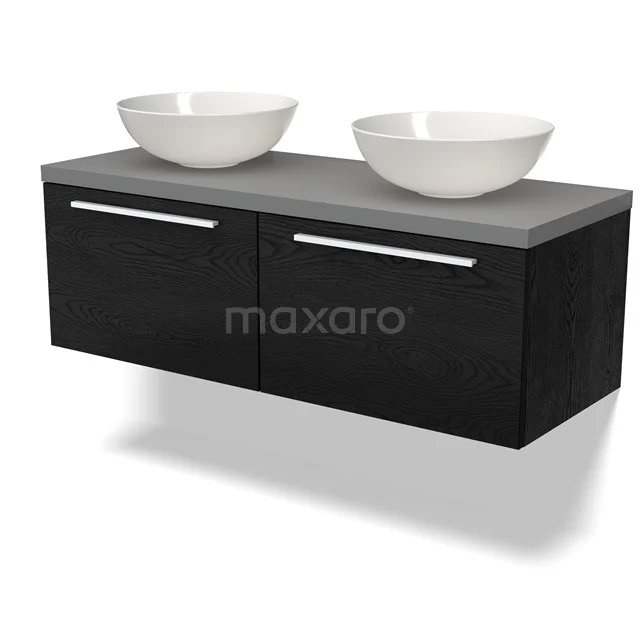 Schwarzes hängendes Badezimmermöbelset mit grauer Platte und doppelten weißen Aufsatzwaschbecken, modernes Design für ein stilvolles Badezimmer.