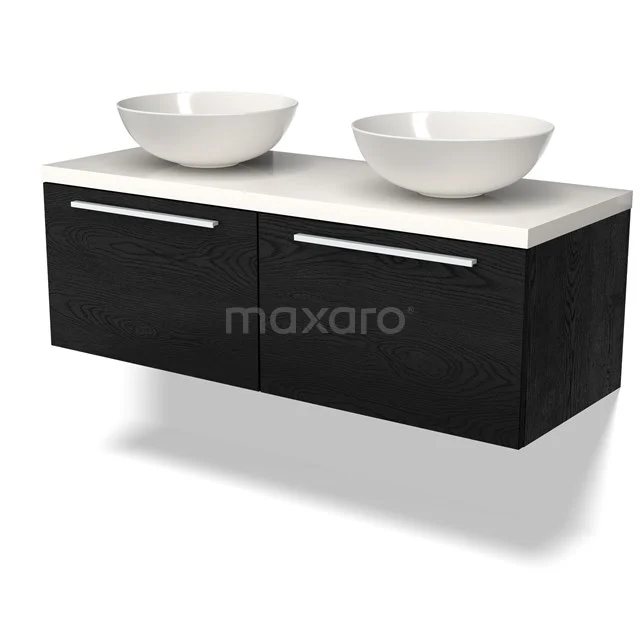 Zweites Badezimmermöbel Schwarz Holz mit doppelten weißen Aufsatzwaschbecken, modernes Design mit metallischen Haltegriffen.