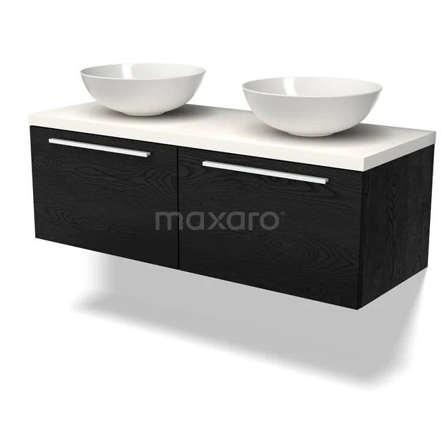 Black floating bathroom unit with double white countertop wash basins, modern design, chrome drawer handles, ideal storage space.