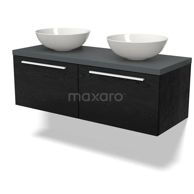 Schwarzes hängendes Badezimmermöbel mit zwei Schubladen, Klappgriffen und weißen doppelten Aufsatzwaschbecken, modernes Design.