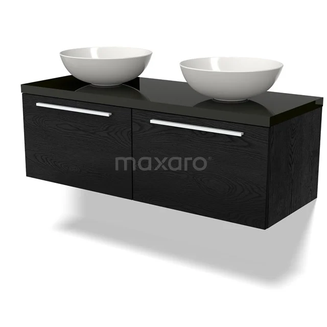 Schwarze Holz-Badmöbelset mit Doppelwaschbecken, schlichten Haltegriffen und modernem Design.