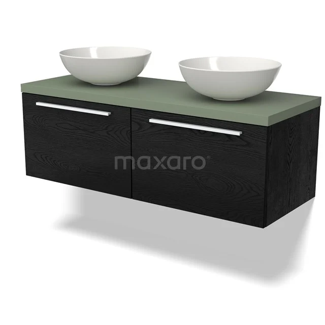 Zweites Badezimmermöbel Schwarz mit grüner Glas Waschbecken und doppelten weißen Aufsatzwaschbecken, modernes Design für stilvolle Bäder.