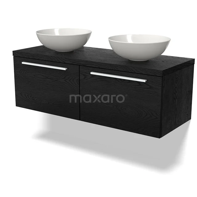 Zwevend Badezimmermöbel Schwarz Holz mit zwei weißen Aufsatzwaschbecken, modernes Design und Chromgriffen.