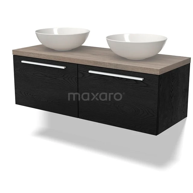 Waschtischunterschrank mit Konsole BMK12-01542 Schwarzes hängendes Badmöbelset mit zwei weißen Aufsatzwaschbecken, Holzlook Platte und silbernen Haltegriffen, modernes Design.