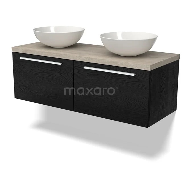 Schwarze Badmöbelset mit Holzlook Platte, zwei weißen Aufsatzwaschbecken und metallischen Haltegriffen, modernes und praktisches Design.