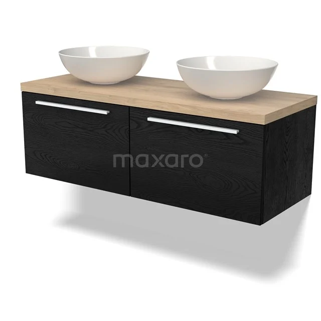 Zweites Schwarz Badmöbel mit Holzlook Platte und zwei weißen Aufsatzwaschbecken, modernes Design für stilvolle Bäder.