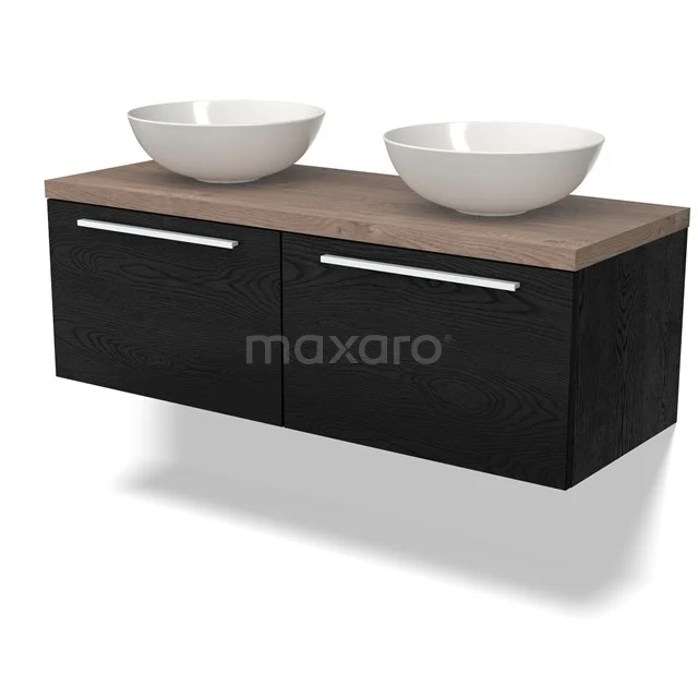 Schwebendes schwarzes Holz-Badmöbel mit doppeltem weißen Aufsatzwaschbecken-Design und Eichenplatte, perfekt für ein modernes Badezimmer.