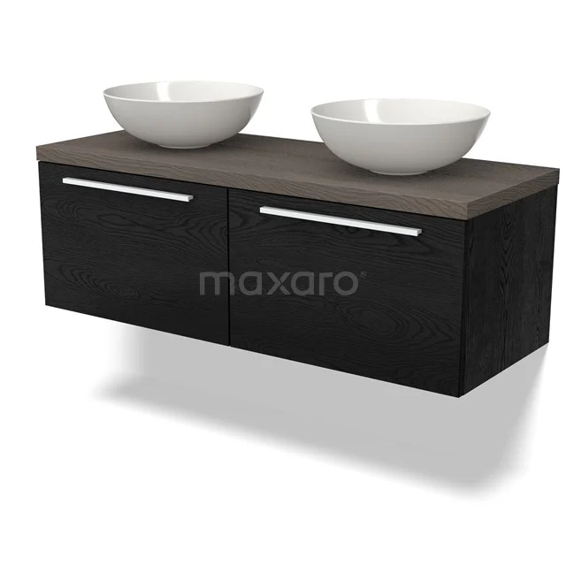 Black wooden vanity units with basin, white round basins, sleek metal handles, modern design.