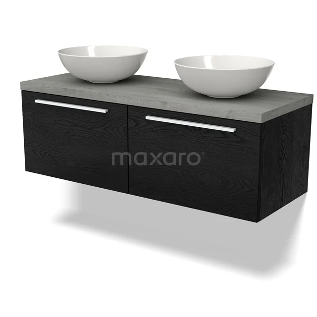 Zwevend Badmöbel mit dunkelholzfarbenem Front, Betonlook Platte und zwei modernen weißen Aufsatzwaschbecken.