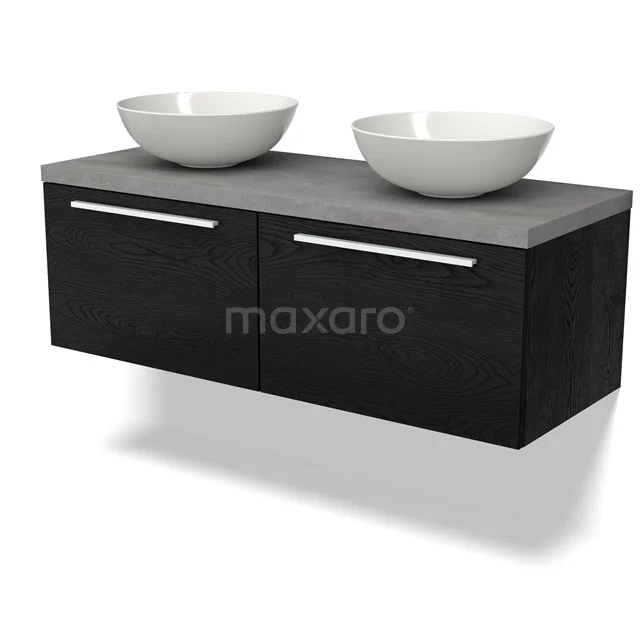 Waschtischunterschrank mit Konsole BMK12-01548 Schwarze Badmöbelset mit Doppelwaschbecken, modernes Design, in Holzoptik und geeignet für stilvolle Badezimmergestaltung.