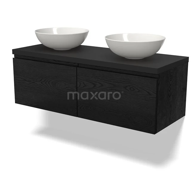 Waschtischunterschrank mit Konsole BMK12-01550 Schwarz Holz Badezimmermöbel mit zwei weißen keramischen Schalen, modernes Design und Wandmontage.