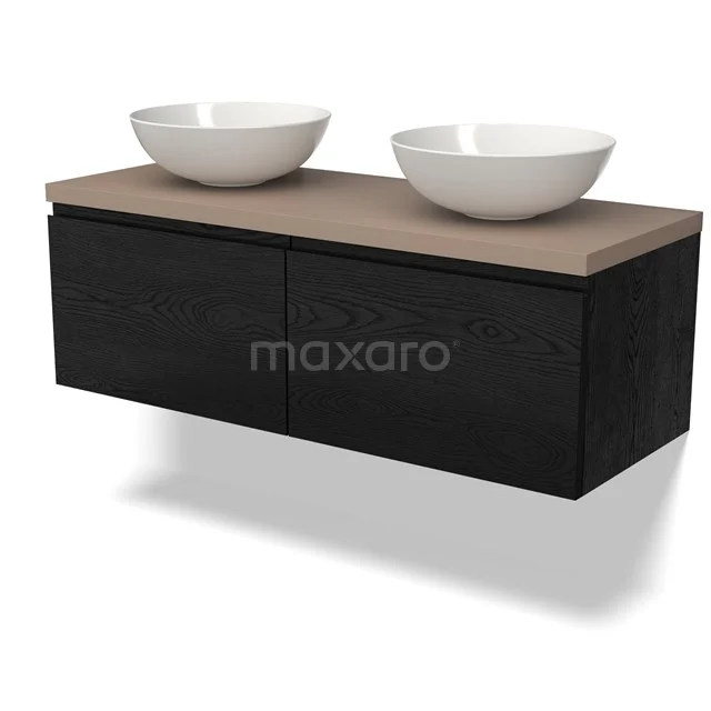 Schwarzes schwebendes Badmöbel mit zwei Schubladen, Holzlook Platte und zwei weißen Aufsatzwaschbecken für einen modernen Badezimmerstil.