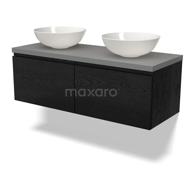 Waschtischunterschrank mit Konsole BMK12-01552 Schwarzes hängendes Badmöbelset mit grauer Platte und zwei weißen Aufsatzwaschbecken, modernes Design aus hochwertigem Holz.