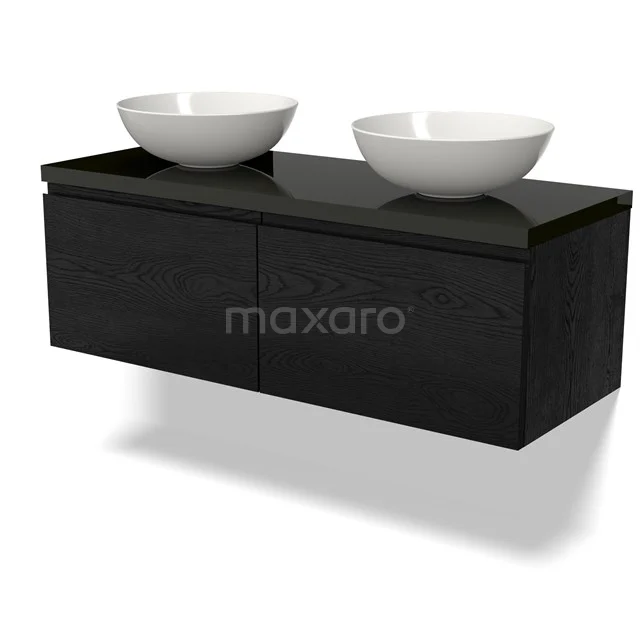 Zweifach schwarzes Badezimmermöbel mit keramischen Aufsatzwaschbecken, modernes Design, ideal für ein stilvolles Badezimmer.