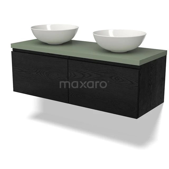 Schwarze schwebende Badmöbel mit doppelten weißen Aufsatzwaschbecken und grünem Platte, ideal für moderne Badezimmerinrichtungen.